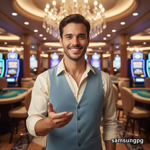 Dealer sorridente interagindo em um cassino da samsungpg.