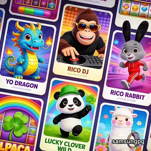 Cartões de jogos do samsungpg com personagens divertidos.